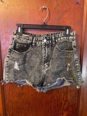 SHEIN Black Acid-Wash Distressed High-Rise Denim Shorts